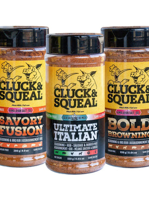 Three Cluck & Squeal seasoning jars: Savory Fusion, Ultimate Italian, Bold Browning — gluten-free, sugar-free BBQ rubs