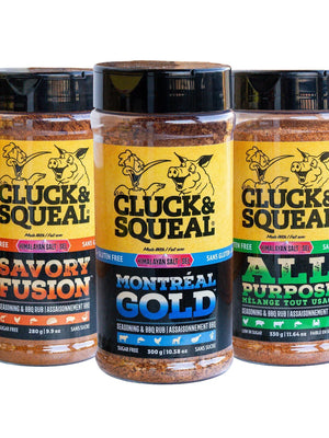 Three Cluck & Squeal seasoning jars: Savory Fusion, Montréal Gold, All Purpose BBQ rubs, gluten-free, sugar-free